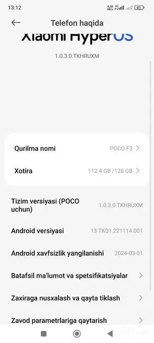Poco F3 6/128GB holati ideal